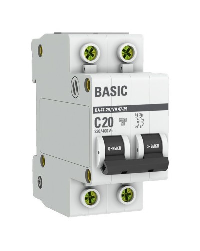Автоматический выключатель 2P 20А (C) 4,5кА ВА 47-29 Basic (mcb4729-2-20C). Автоматический выключатель. EKF в Петропавловске-Камчатском