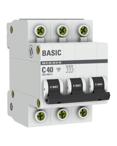 Автоматический выключатель 3P 40А (C) 4,5кА ВА 47-29 Basic (mcb4729-3-40C). Автоматический выключатель. EKF в Петропавловске-Камчатском