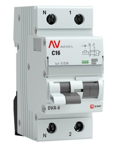 DVA-6 1P+N 16А (C) 30мА (AC) 6кА  AVERES (rcbo6-1pn-16C-30-ac-av). Автоматический выключатель дифференциального тока. EKF в Петропавловске-Камчатском