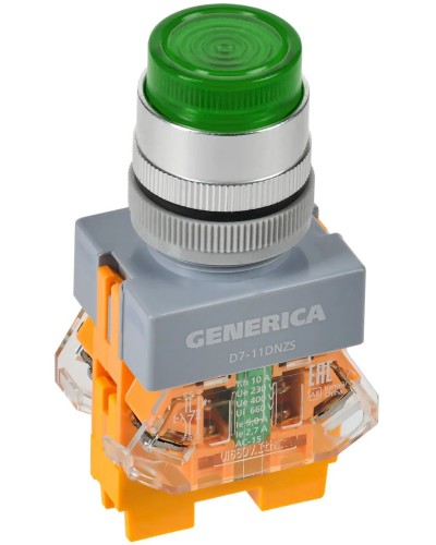 Кнопка D7-11DNZS d=22мм зеленая GENERICA (BBT50-11DNZS-3-11-K06-G). Кнопка управления с подсветкой и фиксацией. IEK в Петропавловске-Камчатском